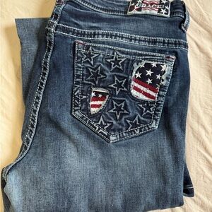 Grace in LA Dark Blue Boot Cut Jeans with Star and Stripe Patch